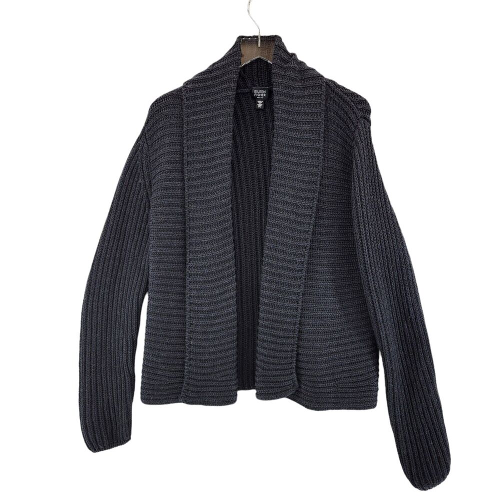 Eileen Fisher Merino Woolβ Open Cardigan Sweater SZ Petite Large Black Chunky